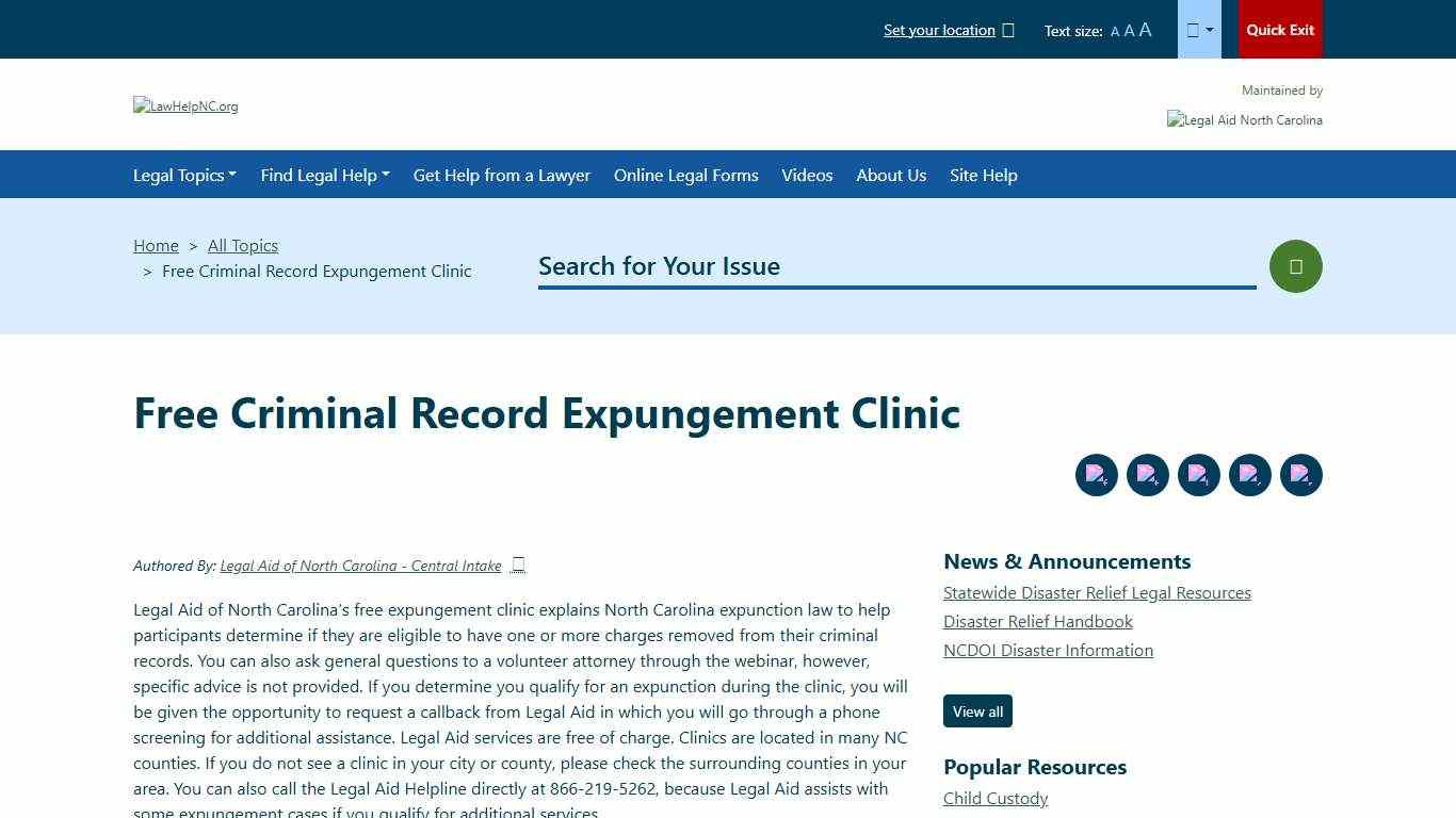 Free Criminal Record Expungement Clinic Welcome to LawHelpNC.org A guide to free and low cost legal aid, assistance and services in North Carolina